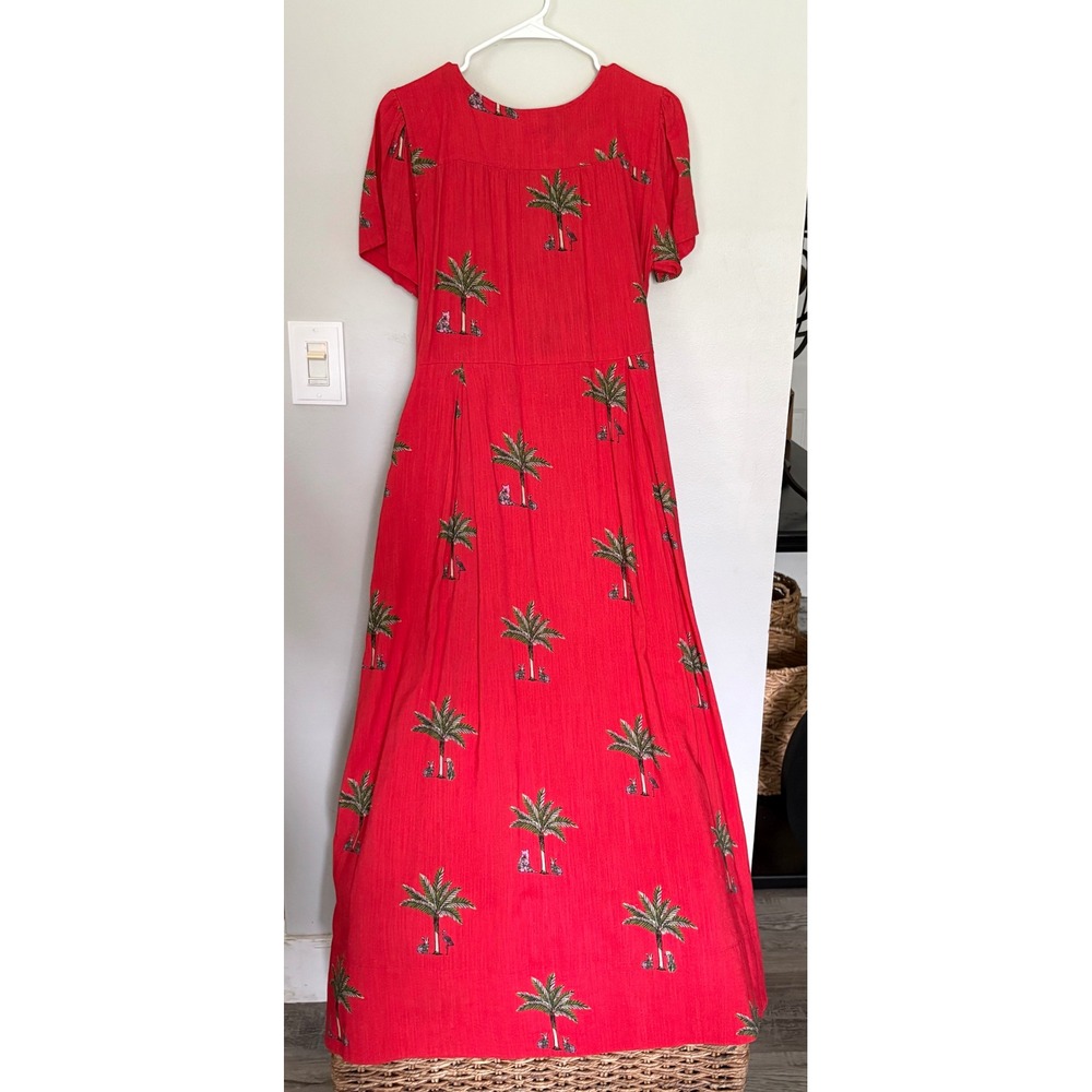 Coniglio Palm Beach Red Rabbit Palm Tree Maxi Dress Button Front Cotton Large - Picture 3 of 8